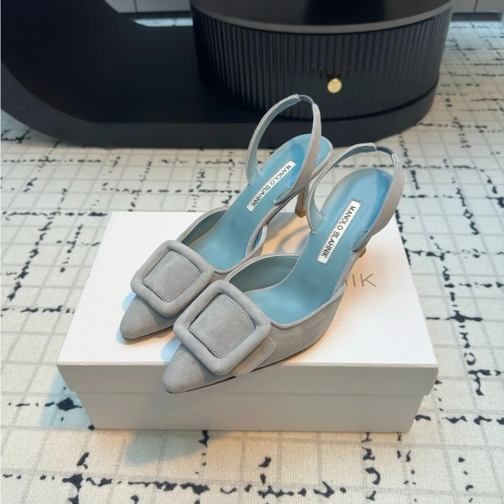 Manolo Blahnik Light Gray Suede Pointed Slingback Pumps with Buckle